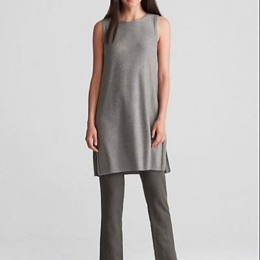 Eileen Fisher Sleek Tencel Merino Wool Knit Tunic Top Sleeveless PS/PP in Ash